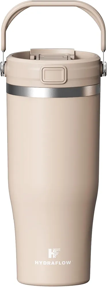 HYDRAFLOW 30 oz Travel Tumbler – Insulated, Stainless Steel, Leakproof, Ideal for Coffee, Tea, and Cold Drinks - Sand