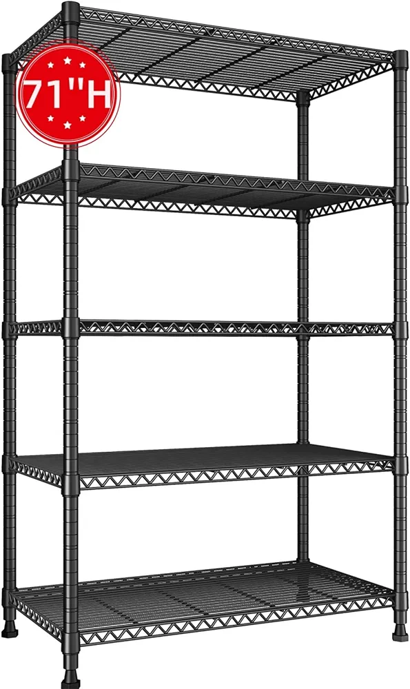 REIBII Storage Shelves, 5-Tire Wire Shelving Load 1000LBS Metal Shelves for Storage Adjustable Garage Shelving Unit Wire Shelf Rack Kitchen Storage Rack Pantry Shelves 31.5''W x 15.7'' D x 71''H