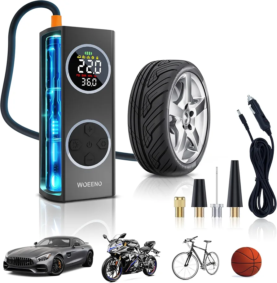 Tire Inflator Portable Air Compressor, 150PSI Smart Air Pump for Car Tires with Battery x3, Auto-Off Pump with Digital Pressure Gauge & Extended Air Hose for Car, Motorcycle, Bike, Ball