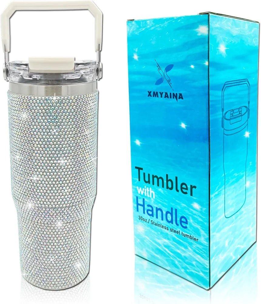 30oz Bling Rhinestone Studded Tumbler with Top Handle and Leakproof Lid Vacuum Insulated Stainless Steel Glitter Crystal Water Bottle with Flip Straw Reusable Cup Outdoors Travel Mugs (Northern Light)