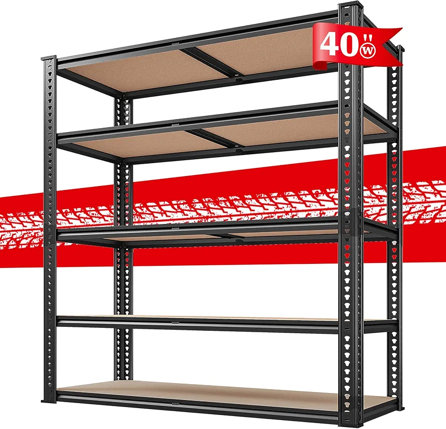 REIBII 72''H Garage Shelving 2500LBS Storage Shelves Heavy Duty Shelving 5 Tier Metal Shelves for Garage Shelves Adjustable Shelving Units and Storage for Closet Pantry Shelf, 72" H x 40" W x 19.7" D