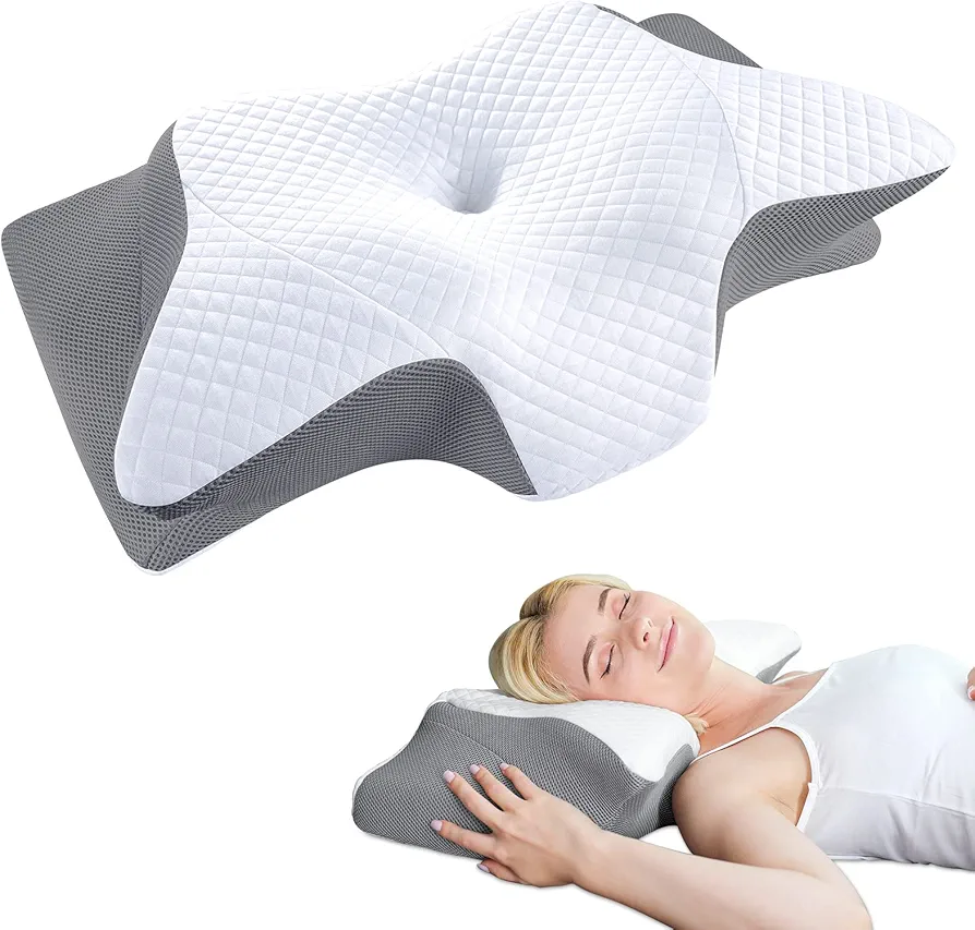 SAHEYER Cervical Pillow for Neck Reduce Pressure, Neck Pillows for Sleeping, Ergonomic Memory Foam Pillow with Pillowcase, Support Pillow for Side, Back, Stomach Sleepers (Grey)