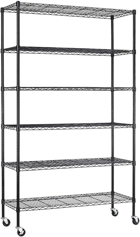 FDW 48"L×18"W×82"H Wire Shelving Unit Storage Cart Metal Shelf Rolling Utility Cart 2100Lbs Capacity with 6 Tier Casters Adjustable Layer Rack Strong Steel for Restaurant Garage Pantry Kitchen,Black