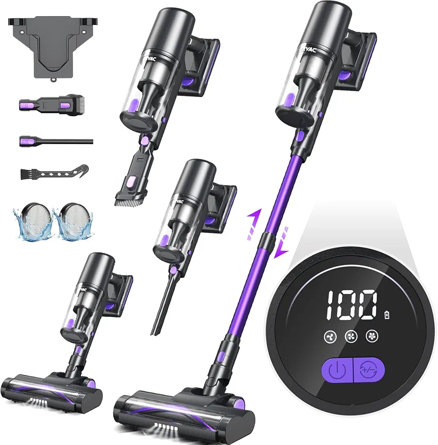 OXVAC Cordless Vacuum Cleaner with LED Display, 45kpa 550W Brushless Motor, Max 50 Mins Runtime with Detachable Battery, 6 in 1 Lightweight Stick Vacuum for Home Hard Floor and Pet Hair Carpet