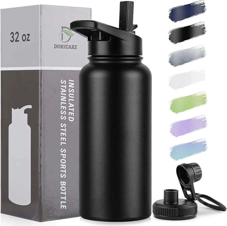 DOMICARE 32 oz Insulated Water Bottle, Vacuum Insulated Stainless Steel Sports Water Bottle with Straw Lid & Spout Lid, Leakproof, Reusable - Travel, Camping, Bike, Black