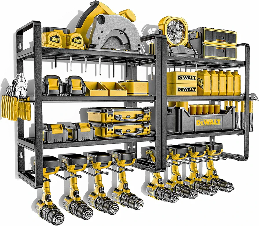 Power Tool Organizer, 15 Min Quick Assembly & Max 150lb load by Heavy Duty Metal, 4 shelves 8 Slots for Cordless Drill in Garage/Workshop/Pegboard/Shed Suitable for Father's Day