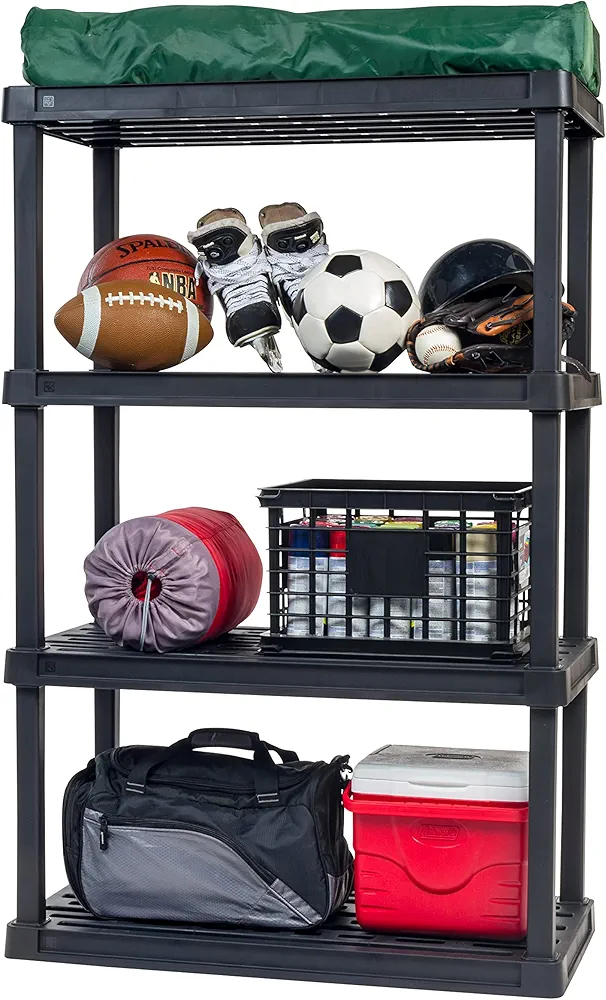 IRIS USA 4-Tier Heavy Duty Plastic Shelving Unit, 56" Tall - 100lbs per Shelf, Modular Garage Rack Storage Organizer for Home, Basement, Laundry & Utility Room, 18"D x 36"W x 56"H - Black