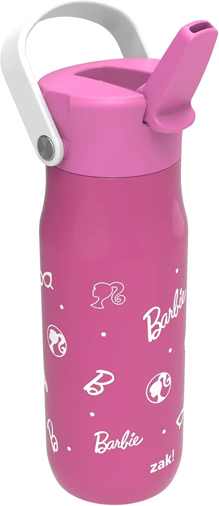 Zak Designs Harmony Barbie Water Bottle for Travel or At Home, 20oz Recycled Stainless Steel is Leak-Proof When Closed and Vacuum Insulated with Straw Lid and Carry Handle (Pink)