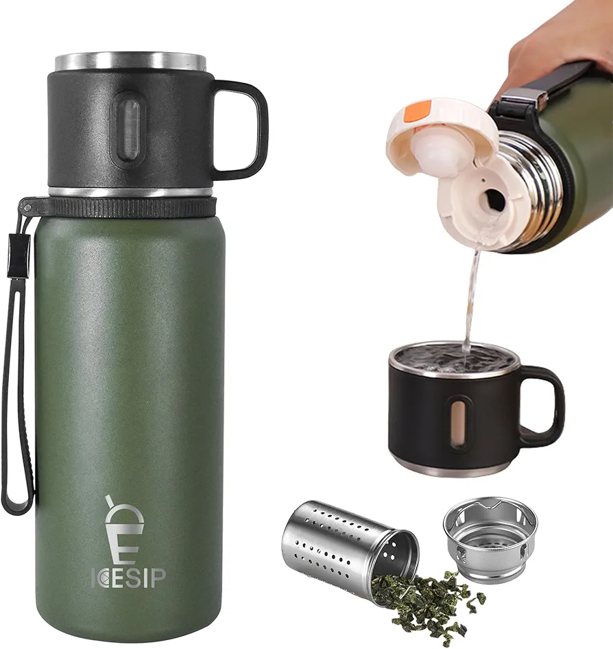 Stainless Steel Insulated Bottle, 20oz with cup Vacuum Insulated Water Bottle, Thermo for Hot Drinks/Cold Drinks,24-Hr Insulation Commute, Travel