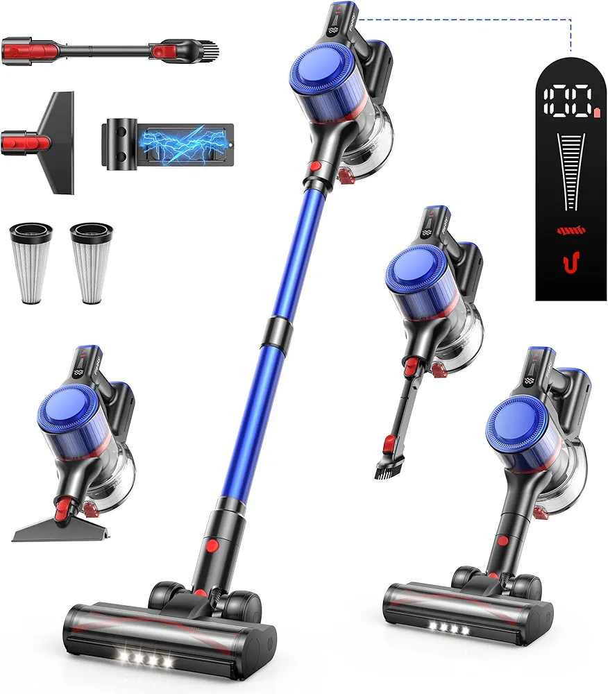 Cordless Vacuum Cleaner, 45Kpa 550W 60Mins Vacuum Cleaners for Home, Self-Standing Stick Vacuum Cleaner with Wall Mount Charging, Scented Card, for Furniture, Carpet, Pet Hair, Hard Floor