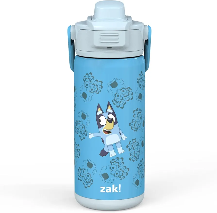 zak! Beacon Insulated Bottle, Bluey - 14 oz - Durable Stainless Steel - Double-Wall Vacuum Insulation, Silicone Spout & Push-Button, Leak-Proof Lid - Dishwasher Safe