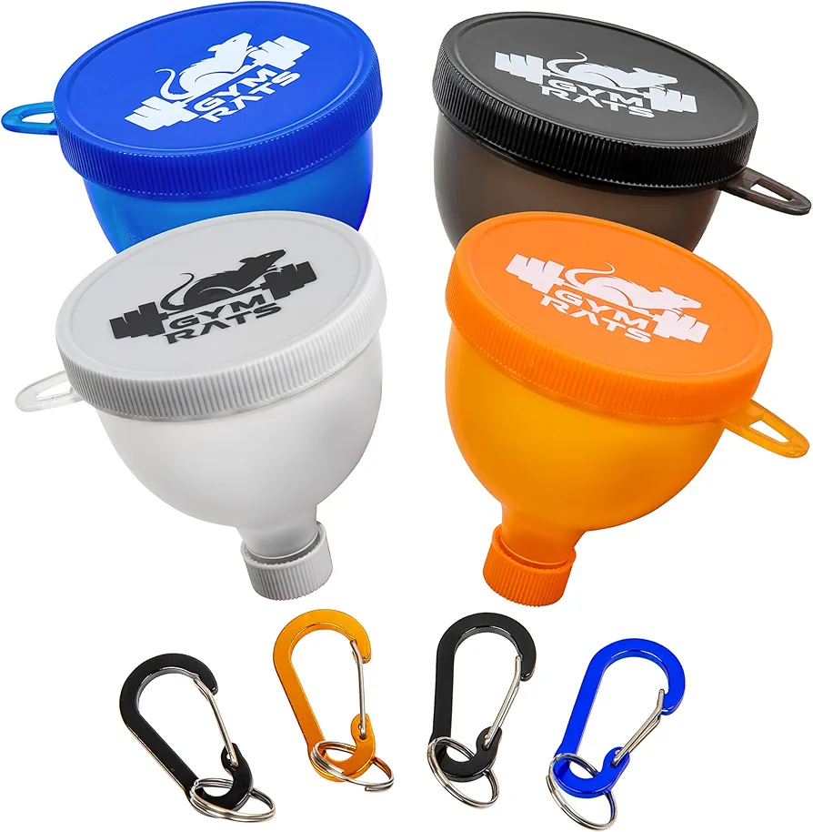 Travel Protein Powder Funnel to Go with Carabiners & Reinforced Caps - 4 Pack (Water Bottle Approve)