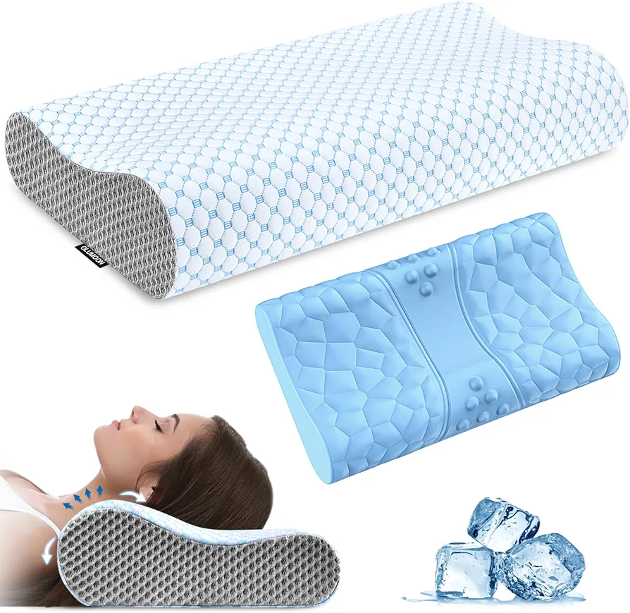 Neck Pillow Memory Foam Pillows - Cooling Neck Support Pillow for Pain Relief, Ergonomic Cervical Pillow for Sleeping, Orthopedic Contour Bed Pillow for Side, Back & Stomach Sleepers (Blue & Grey)