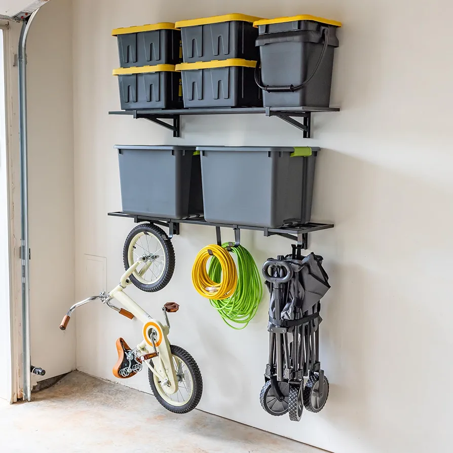 Heavy-Duty Garage Wall Mounted Shelves, 1' x 4' Wall Mount Storage Shelf with Hooks, 2 Pack, Holds 200 lbs Each