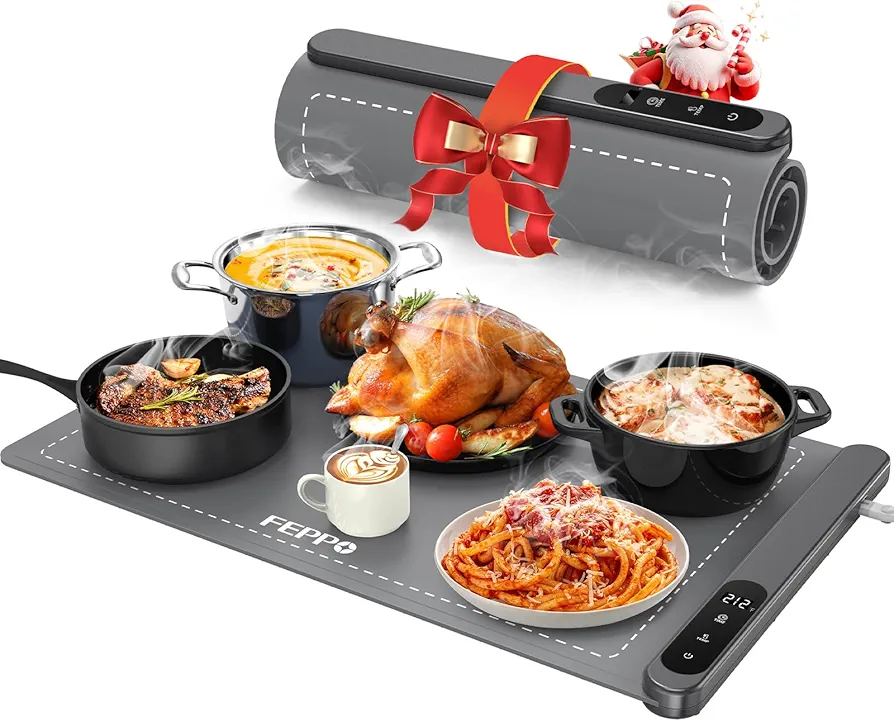 FEPPO Food Warming Mat, Upgrade High-tech Graphene Heating Film, Fast Full Surface Electric Warming Tray with 6 Level Adjustable Temperature and 6 Hours Timer, Roll Up Food Warmers for Parties Buffet