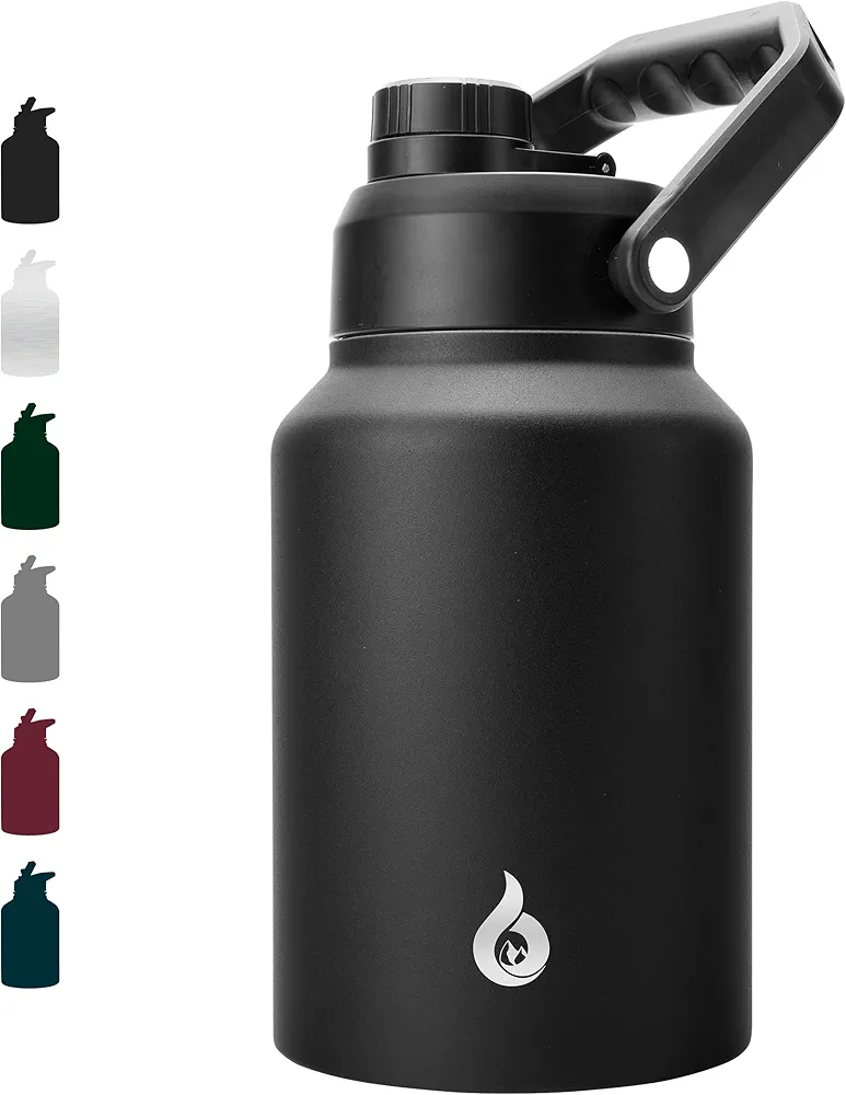 BJPKPK 64 oz Insulated Water Bottle, Dishwasher Safe Half Gallon Water Bottle with Ergonomic Handle, BPA Free Leak Proof Water Jug for Sports, Metal Water Bottle with Anti-slip Bottom, Black