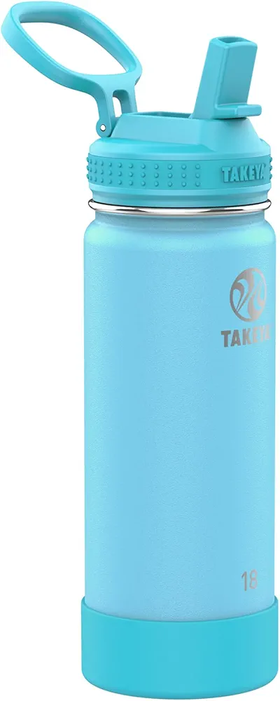 Takeya Actives Kids 18 oz Glow In The Dark Insulated Stainless Steel Water Bottle with Straw Lid, Glow Worm Blue