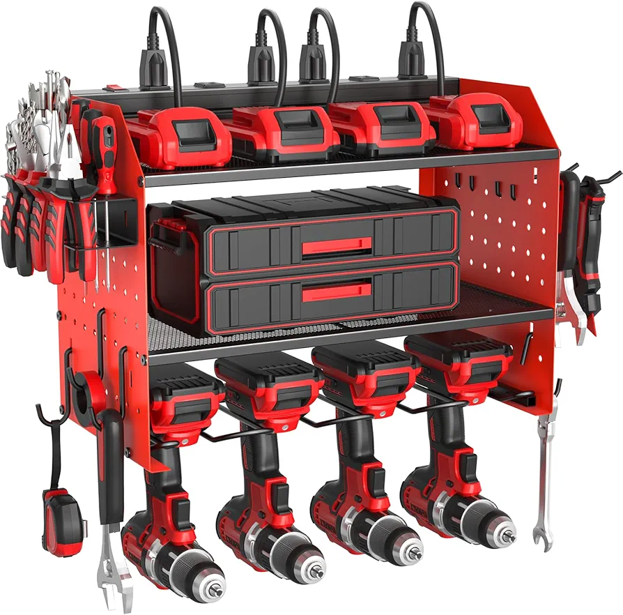 Power Tool Organizer with Charging Station, Heavy Duty 3 Layer Drill Holder Wall Mount Garage Shelf Rack with 6 Outlet Power Strip, Tool Shelf with Hooks, Drill Bit Rack for Garage, Red