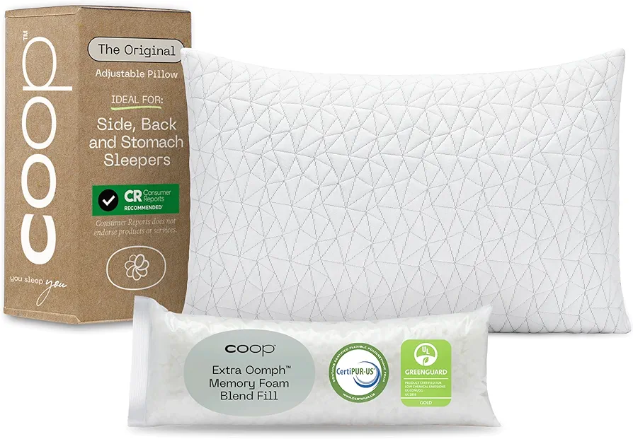 Coop Home Goods Original Adjustable Pillow, Queen Size Bed Pillows for Sleeping, Cross Cut Memory Foam Pillows - Medium Firm Back, Stomach and Side Sleeper Pillow, CertiPUR-US/GREENGUARD Gold