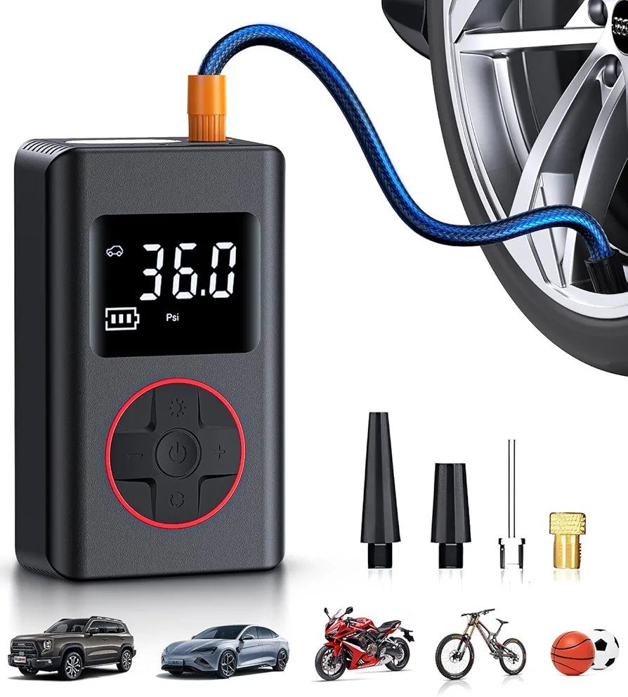 Tire Inflator Portable Air Compressor, Air Pump for Car, 150PSI Portable Tire Inflator for Car, Mini Bike Tire Pump with Pressure Gauge, LED Light for Cars, Bikes & Motorcycle Tires, Balls（Red）