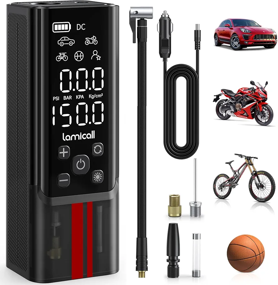 Tire Inflator Portable Air Compressor - Lamicall 150 PSI Cordless Car Air Pump, 4X Faster Pump with Rechargeable Battery, 12V DC, Digital Pressure Gauge, LED Light, For Auto, Bike, Motorcycle, Ball