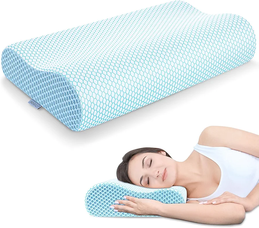 Anvo Memory Foam Pillow, Neck Contour Cervical Orthopedic Pillow for Sleeping Side Back Stomach Sleeper, Ergonomic Bed Pillow for Neck Pain - Blue White, Firm