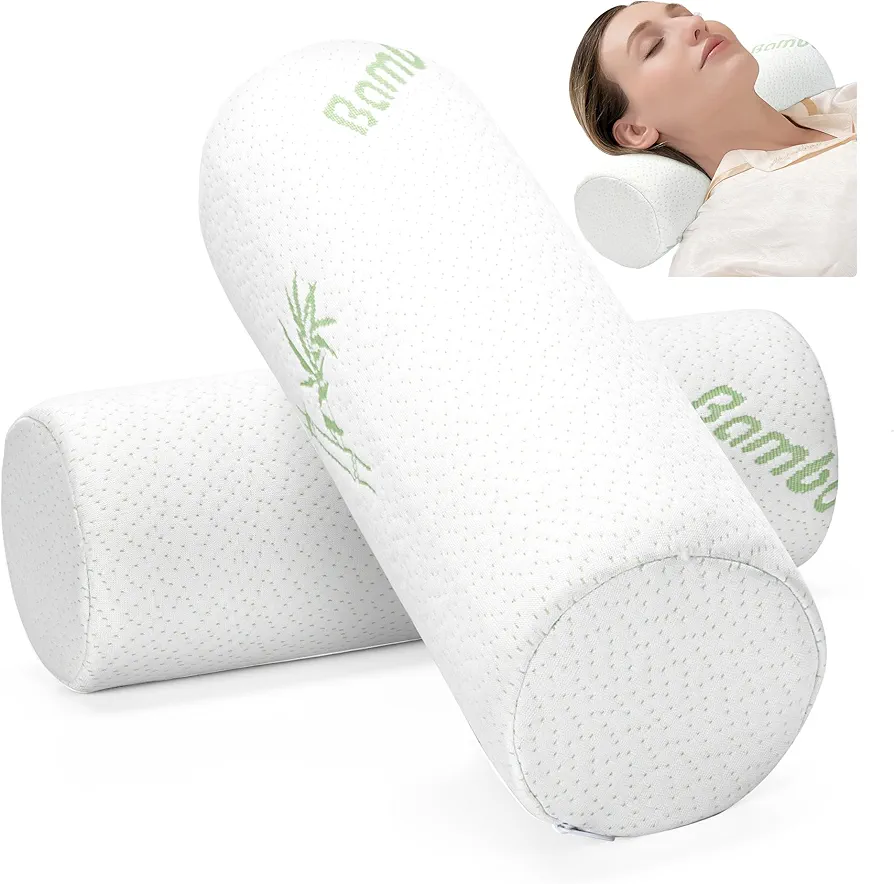 Cervical Neck Pillow 2 Pack Memory Foam Round Roll Pillows for Pain Relief Firm Neck Brace Lumbar Pillows White 13.3 x 4.7 Inches