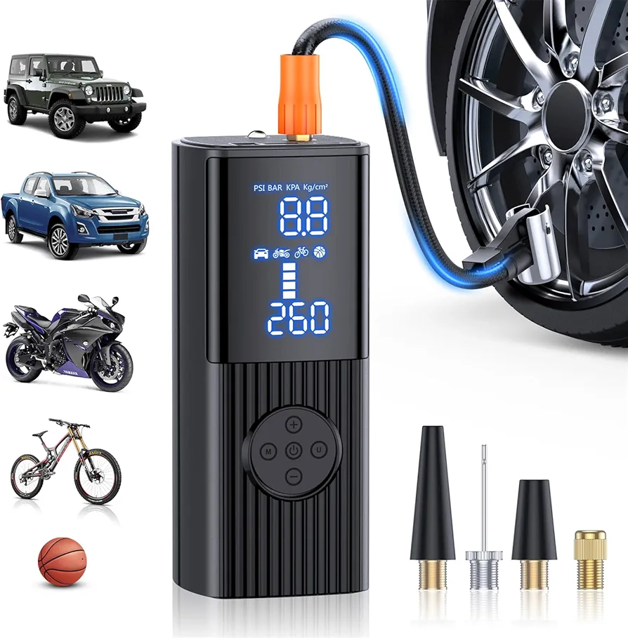 Tire Inflator Portable Air Compressor-180PSI & 20000mAh Portable Air Pump, Accurate Pressure LCD Display, 3X Fast Inflation for Cars, Bikes & Motorcycle Tires, Balls