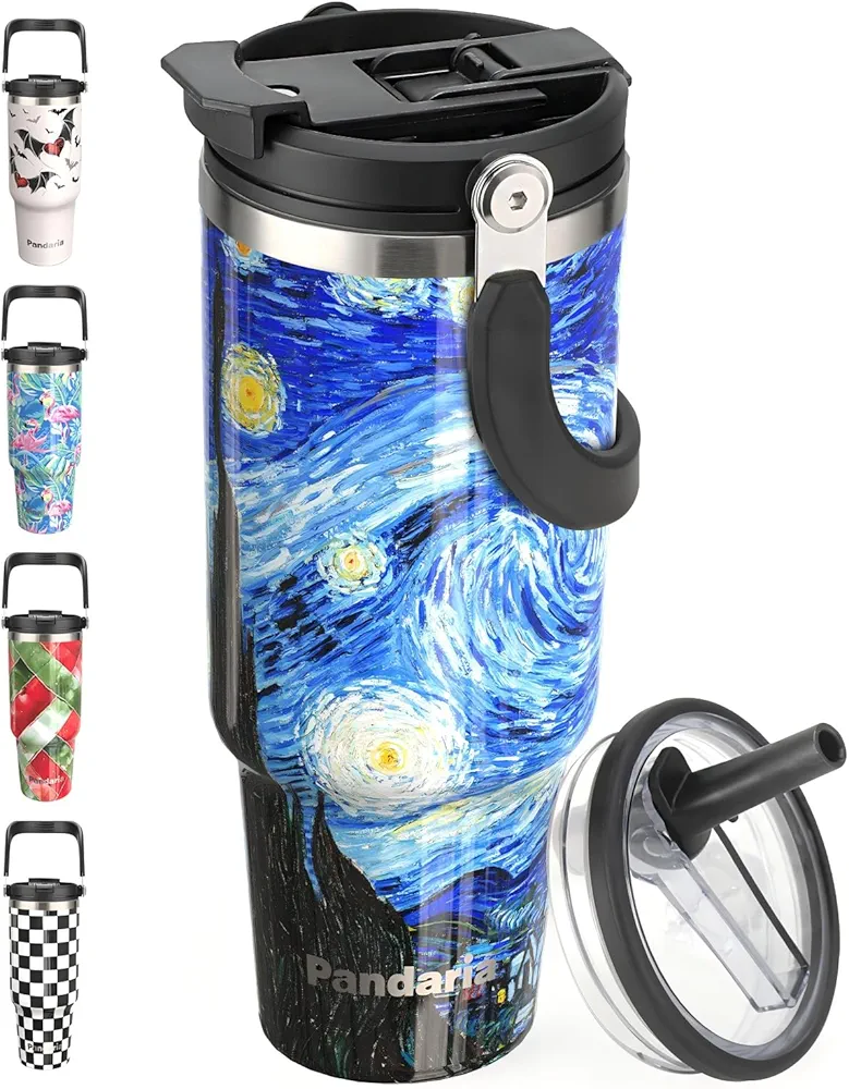 40 oz Tumbler with Handle 2in1 Lid Flip Straw, 100% Leak Resistant Water Bottle Double Wall Vacuum Stainless Steel Insulated Tumblers Travel Iced Tea or Coffee Mug Ideal Gift (Starry Night)