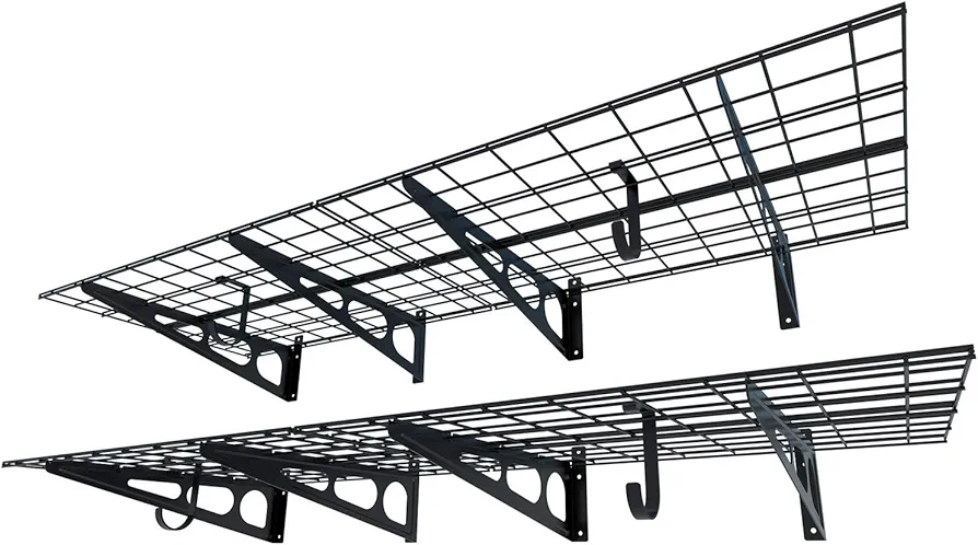 FLEXIMOUNTS 2-Pack 2x6ft Garage Shelving with Hooks 24-inch-by-72-inch Wall Shelf Garage Storage Racks Floating Shelves, Black