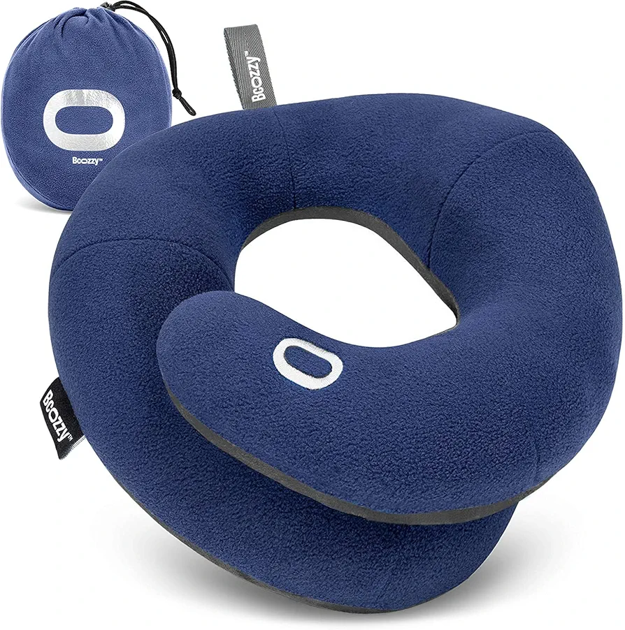 BCOZZY Travel Neck Pillow for Airplane – Patented Double Support for Head, Neck, and Chin. Best for Long Flights, Plane Sleeping, and Car Rides. Adjustable Size. Fully Washable. Carry Bag. Large, Navy