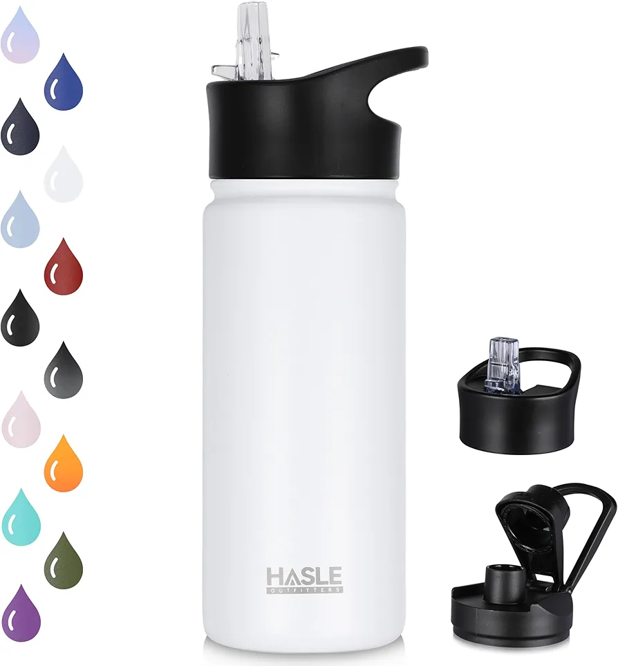 HASLE OUTFITTERS Insulated Water Bottle Kids 16 oz Double Wall Vacuum Stainless Steel Water Bottle Leak Proof for School Wide Mouth with Straw Lid & Spout Lid Keeps Cold and Hot(White,1pack)