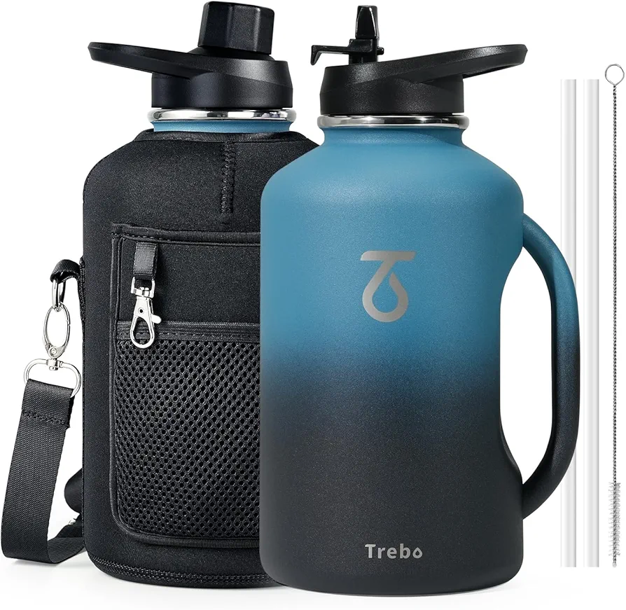 Trebo 64 oz Water Bottle Insulated with Handle Straw Spout Lids,Half Gallon Double Wall Vacuum Flask,Stainless Steel Metal Large Jug with Handle, Wide Mouth Mug with Pouch,Keep Cold Hot,Indigo Black