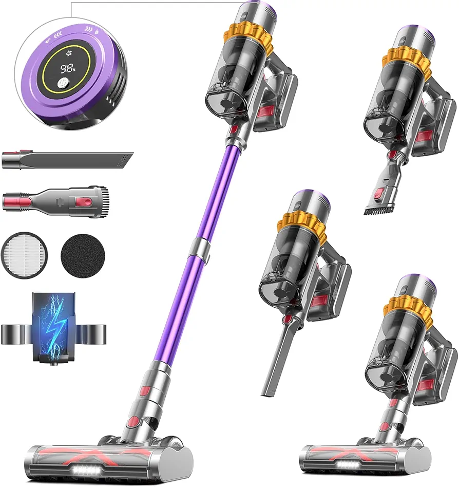 Cordless Vacuum Cleaner, 550W/45Kpa/70Mins Vacuum Cleaners for Home, Stick Vacuum Cordless with Low Noise, LED Screen, Wall Mount Charging,1.6L Dust Cup, Rechargeable Vacuum Pet Hair/Carpet/Hardfloor