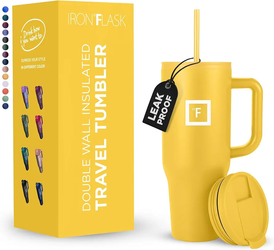 IRON FLASK Co-Pilot Insulated Mug w/Straw & Flip Cap Lids - Cup Holder Bottle for Hot, Cold Drink - Leak-Proof - Water, Coffee Portable Travel Mug - Honey Yellow, 32 Oz