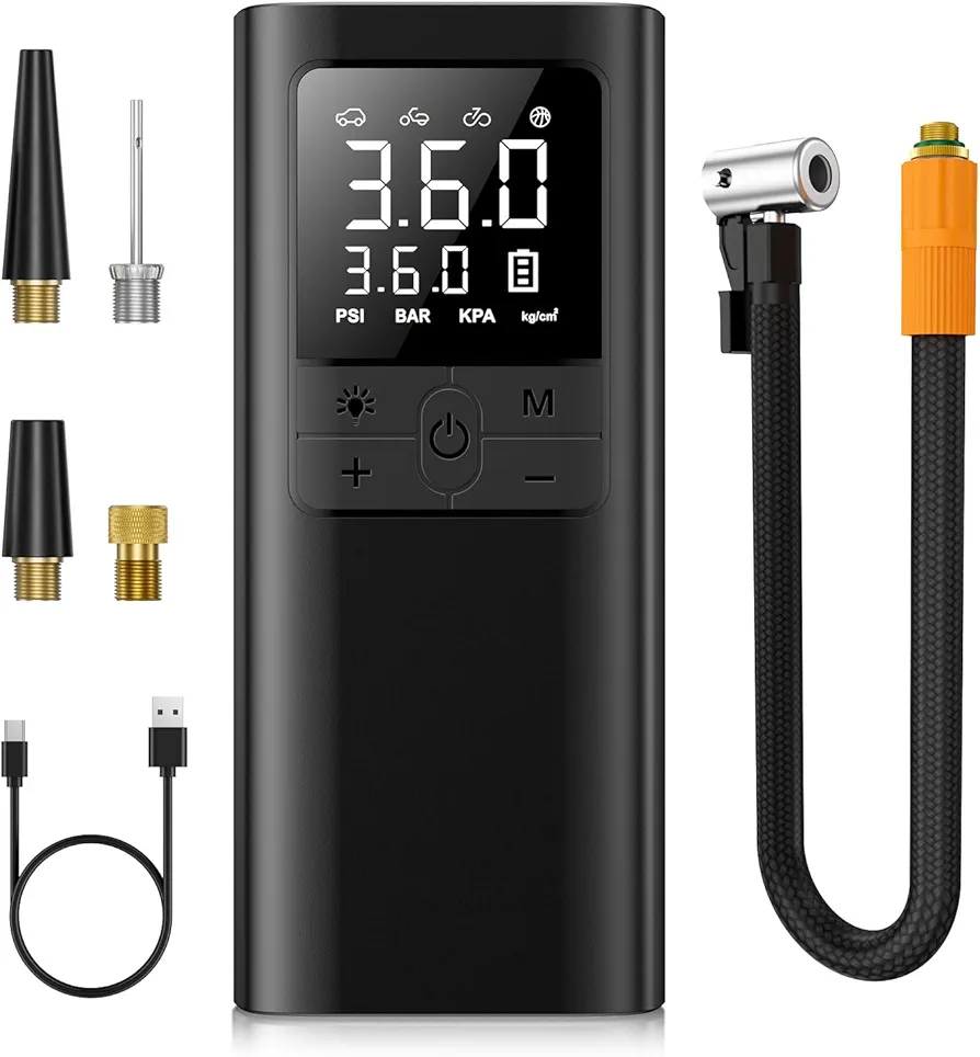 Tire Inflator Portable Air Compressor Air Pump for Car Tires 150PSI Auto Tire Pump with Tire Pressure Gauge, Dual Display and LED Light, Cordless Portable Bike Pump for Car Motorcycle Bicycle Balls