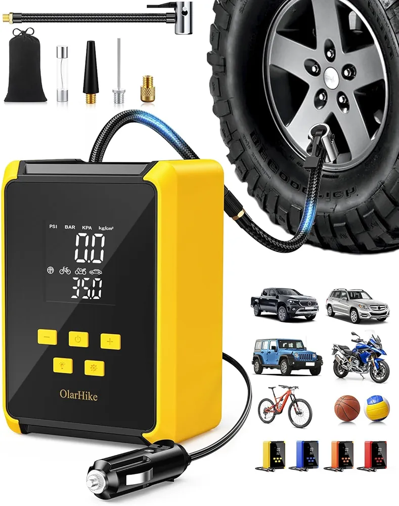 OlarHike Electric Tire Inflator Portable Air Compressor- Integrated Storage, 12V Auto Air Pump for Car Tires, Tire Inflator with Large Dual Digital Screen,Built-in LED