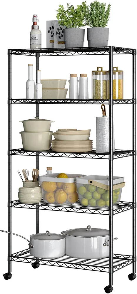 Seville Classics Solid Steel Wire Shelving Storage Unit Adjustable Shelves Organizer Rack, for Home, Kitchen, Office, Garage, Bedroom, Closet, Black, 5-Tier, 30" W x 14" D (New Model)