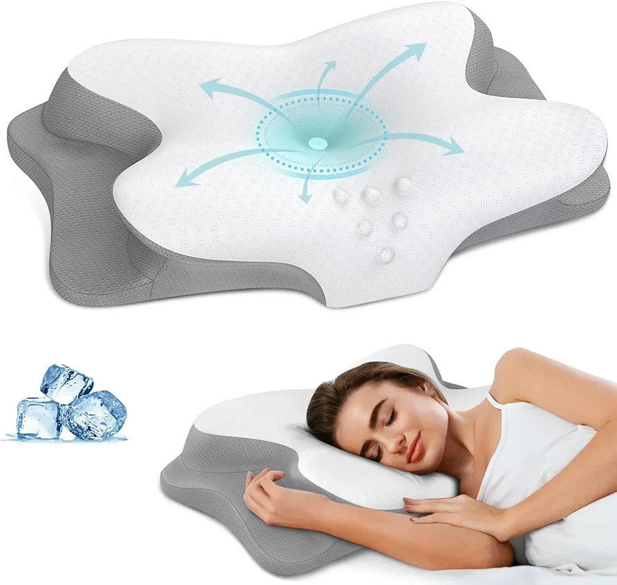 Cervical Neck Pillow - Cooling Pillow for Neck Pain Relief, Ergonomic Contour Side Sleeper Pillow for Sleeping, Orthopedic Memory Foam Pillows for Back & Stomach Sleepers with Pillowcase