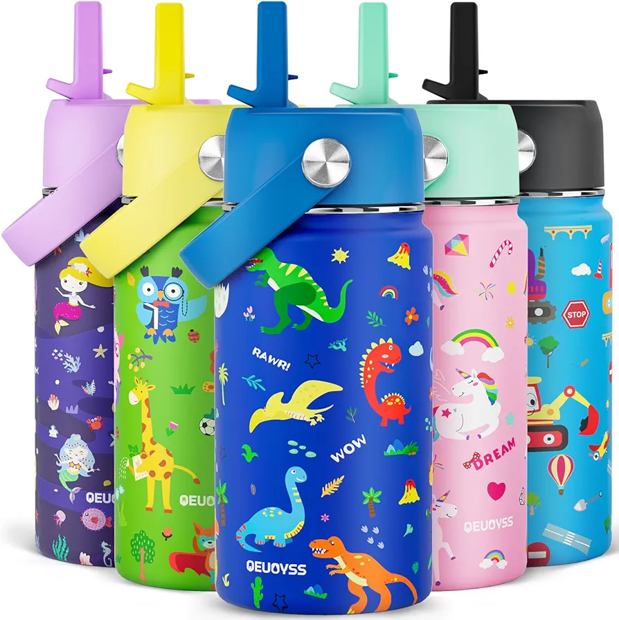 14 OZ Kids Water Bottle with Straw Lid 18/8 Stainless Steel Insulated Water Bottle for School BPA Free Vacuum Double Wall LeakProof Portable Water Cups for Girls Boys Travel Sports (DINOSAUR)