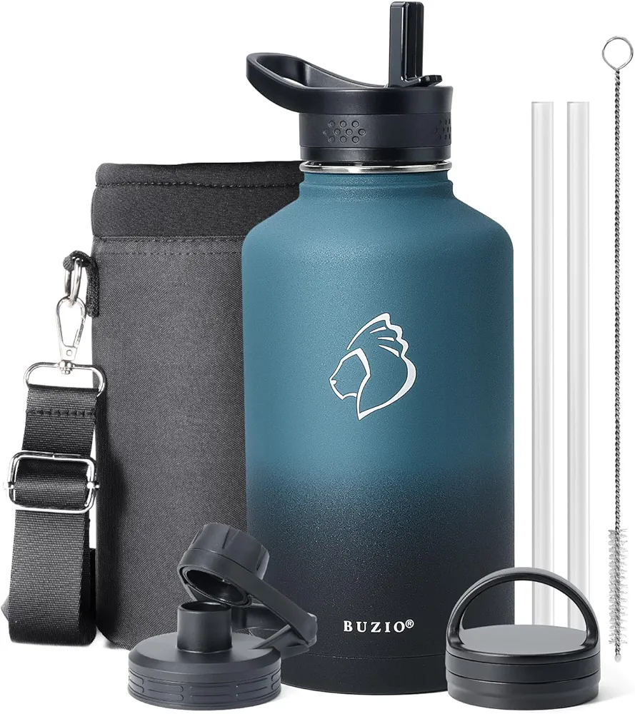 BUZIO 64 oz Water Bottle Insulated with Straw & 3 lid and Carrying Pouch, Leak Proof Half Gallon Stainless Steel Water Flask Jug, Cold for 48 Hrs Double Vacuum Thermo Canteen, BPA-Free, Indigo Crush