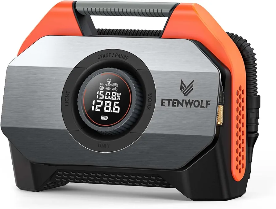 ETENWOLF VORTEX S6 Tire Inflator Portable Air Compressor for Heavy-duty Vehicle, Cordless Air Pump for Car & Inflatables with 19200 mAh Battery, 100% Duty Cycle & Dual Cylinder Bike Pump, Vivid Orange