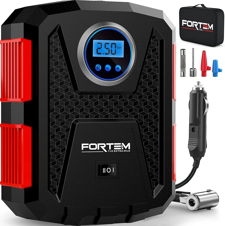 FORTEM Tire Inflator Portable Air Compressor 150 PSI, 12V Electric Bike Pump for Car Tires and Bicycles w/LED Light, Digital Tire Pressure Gauge w/Auto Pump/Shut Off, Carrying Case (Red)