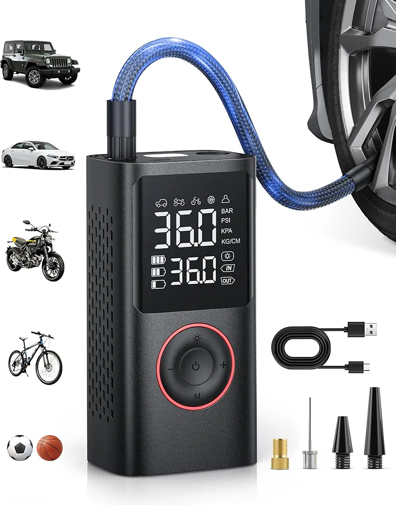 Tire Inflator Portable Air Compressor, 150 PSI Cordless Mini Bike Tire Pump, Air Pump for Auto, Motorcycle, Bicycle, Balls with Pressure Gauge&LED Light, Black, Medium