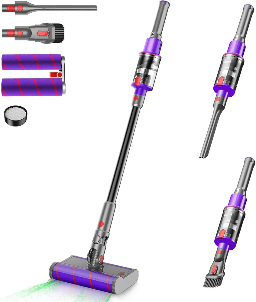 Dual Roller Cordless Vacuum Cleaner, 28Kpa Powerful Cordless Stick Vacuum Cleaner, 360° Flexible Glides, Max 45min Runtime, Rechargeable Lightweight Vacuum Cleaners for Home Pet Hair Floor Carpet