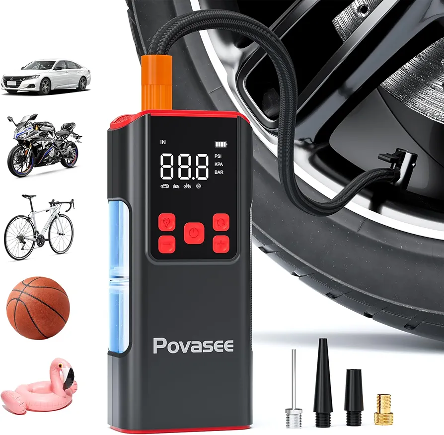 Tire Inflator Portable Air Compressor Povasee 150PSI Portable Air Pump for Car Tires Portable Air Compressor with LCD Display,Flashlight, 2X Tire Pump Faster suit for Cars Bikes Motorcycle Ball