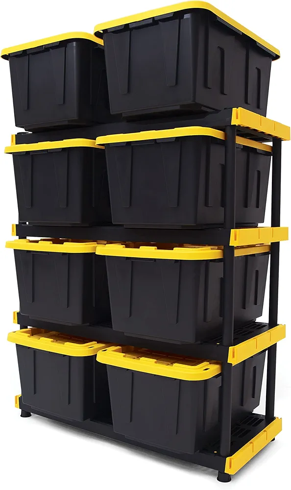 CX Black & Yellow®, Shelving Unit and Heavy Duty Storage Containers, Extremely Durable® (Shelf + 27 Gallon Container (8-Pack))