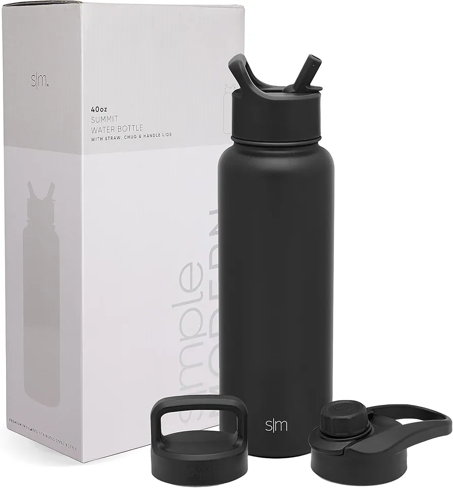 Simple Modern Water Bottle with Straw, Handle, and Chug Lid Vacuum Insulated Stainless Steel Metal Thermos | Large Leak Proof BPA-Free Flask for Gym | Summit Collection | 40oz, Midnight Black