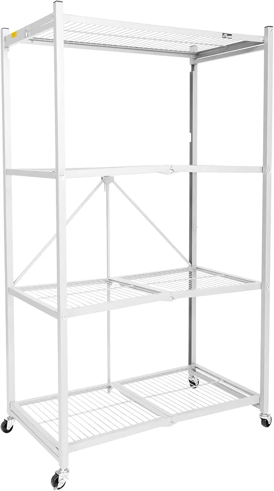 Origami 4 Tier Foldable Heavy Duty Metal Garage Storage Shelf Rack with Wheels and Powder Coated Steel for Organization in Home and Office, White