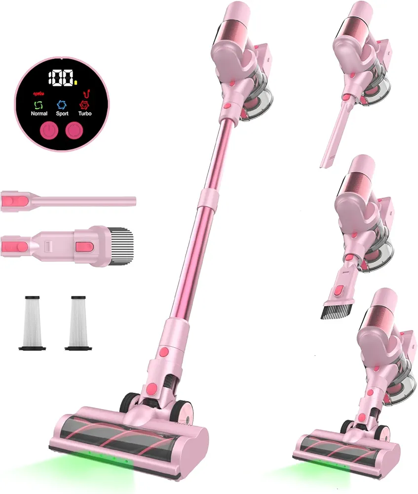 Cordless Vacuum Cleaner, 45Kpa/550W/60 Mins Runtime Stick Vac with Anti-Tangle Design, Self-Standing, LED Screen & 1.5L Dust Cup, Vacuum Cleaners for Home, Pet Hair, Carpet and Hardwood Floor, Pink